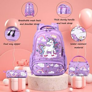 Unicorn Backpack for Girls Kids School backpack for Elementary Water Resistant Girls School Bag Unicorn Bookbag 3 Piece Set with Insulated Lunch Bag and Pencil Case