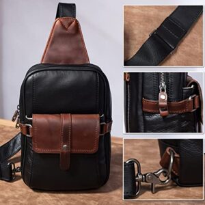 CENUNCO Genuine Leather Sling Bag Leather Crossbody Sling Backpack Concealed Carry Chest Bag Black Casual Hiking Motorcycle Bags Anti-Theft Travel Purse Fanny Pack