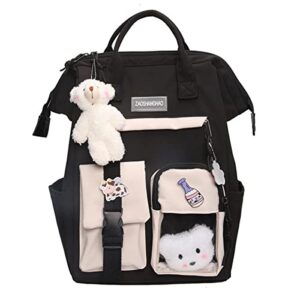 kowvowz kawaii backpack for teen girls aesthetic student bookbags with cute pin bear pendant harajuku school nylon waterproof (black)