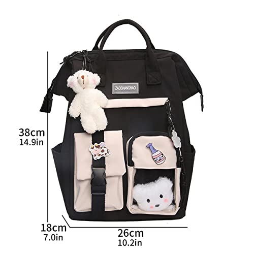 KOWVOWZ Kawaii Backpack for Teen Girls Aesthetic Student Bookbags with Cute pin bear pendant harajuku school nylon waterproof (black)