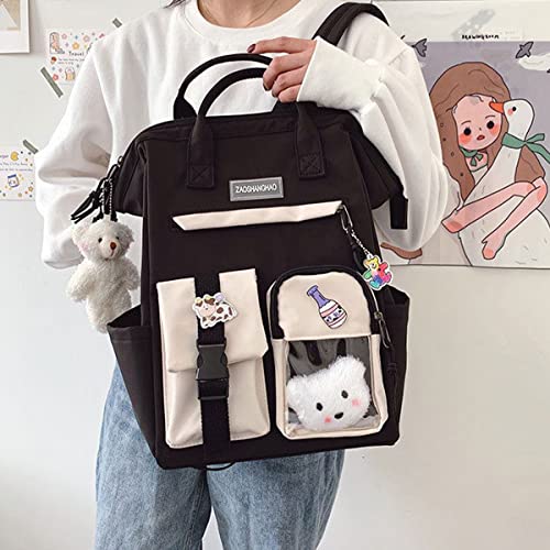 KOWVOWZ Kawaii Backpack for Teen Girls Aesthetic Student Bookbags with Cute pin bear pendant harajuku school nylon waterproof (black)