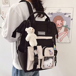 KOWVOWZ Kawaii Backpack for Teen Girls Aesthetic Student Bookbags with Cute pin bear pendant harajuku school nylon waterproof (black)