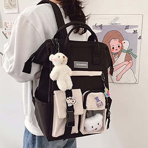 KOWVOWZ Kawaii Backpack for Teen Girls Aesthetic Student Bookbags with Cute pin bear pendant harajuku school nylon waterproof (black)