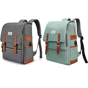 ronyes vintage laptop backpack college school bag bookbags for women men 15.6’’ laptop casual rucksack water resistant school backpack daypacks with usb charging port (grey+green)
