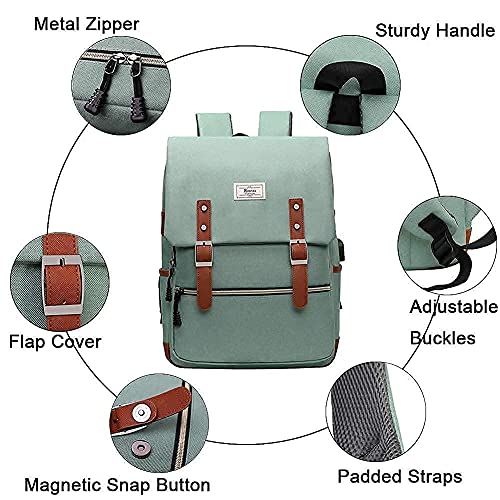 Ronyes Vintage Laptop Backpack College School Bag Bookbags for Women Men 15.6’’ Laptop Casual Rucksack Water Resistant School Backpack Daypacks with USB Charging Port (Grey+Green)