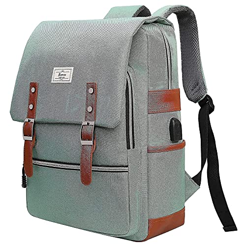 Ronyes Vintage Laptop Backpack College School Bag Bookbags for Women Men 15.6’’ Laptop Casual Rucksack Water Resistant School Backpack Daypacks with USB Charging Port (Grey+Green)