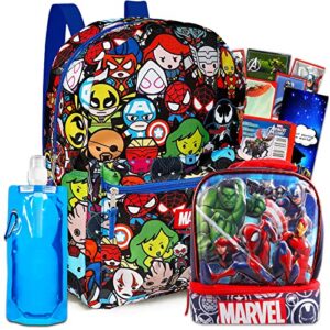 avengers backpack with lunch bag – bundle with 16” avengers backpack for boys 8-12, avengers lunch box, water pouch, avengers stickers, more | marvel avengers backpack with lunch box