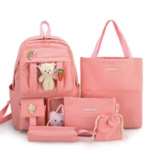 cenlafa kawaii 5pcs backpack set for girls with cute bear accessories, teens laptop backpack for back to school supplies bookbag(pink/red)