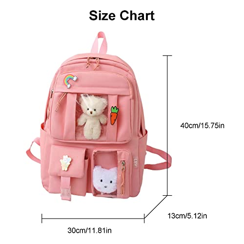 CENLAFA Kawaii 5PCS Backpack Set for Girls with Cute Bear Accessories, Teens Laptop Backpack for Back to School Supplies Bookbag(Pink/Red)