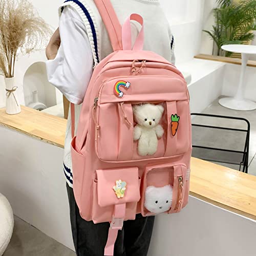 CENLAFA Kawaii 5PCS Backpack Set for Girls with Cute Bear Accessories, Teens Laptop Backpack for Back to School Supplies Bookbag(Pink/Red)