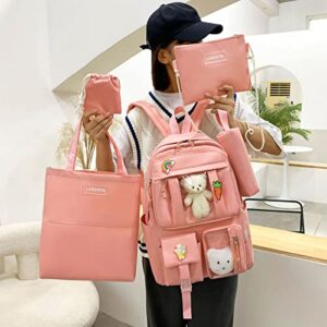 CENLAFA Kawaii 5PCS Backpack Set for Girls with Cute Bear Accessories, Teens Laptop Backpack for Back to School Supplies Bookbag(Pink/Red)