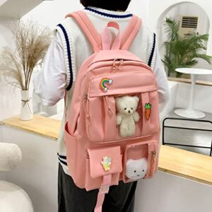 CENLAFA Kawaii 5PCS Backpack Set for Girls with Cute Bear Accessories, Teens Laptop Backpack for Back to School Supplies Bookbag(Pink/Red)