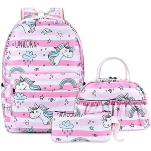 rainbow unicorn backpack kids school bag 3-in-1 bookbag set, junlion twinkle laptop backpack lunch bag pencil case for teen girls womens