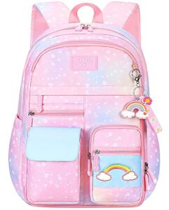 school backpack for girls, lightweight waterproof cute rainbow school bookbag for teen kids students elementary (rainbow pink)