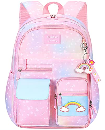 School Backpack for Girls, Lightweight Waterproof Cute Rainbow School Bookbag for Teen Kids Students Elementary (Rainbow Pink)