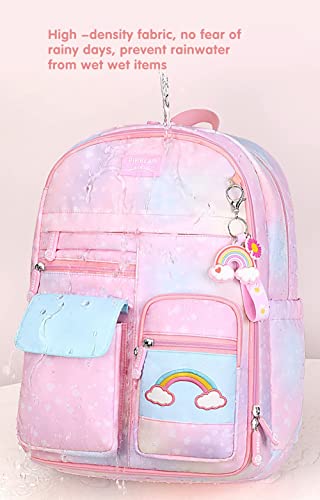 School Backpack for Girls, Lightweight Waterproof Cute Rainbow School Bookbag for Teen Kids Students Elementary (Rainbow Pink)