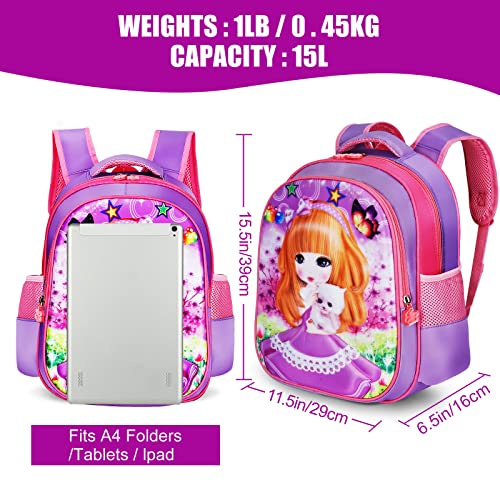 TFCRDX Kids Girls Cute SchoolBags l Comic Cat l Waterproof Lightweight l Preschool Elementary l Children's Backpacks l for Age 4+ l Purple & Light Red