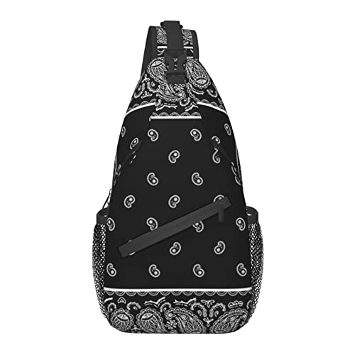 Crossbody Sling Backpack Vintage Black Paisley Bandana Men Women Hiking Chest Shoulder Bag