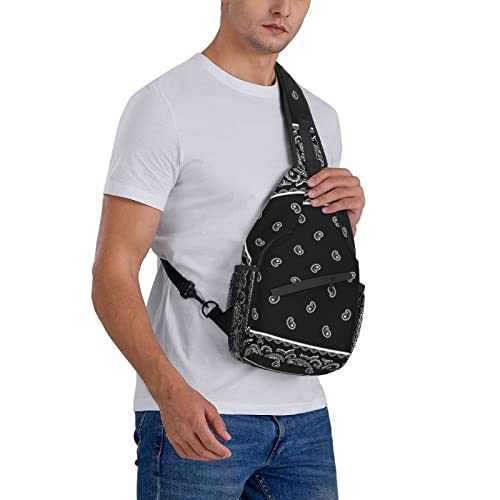 Crossbody Sling Backpack Vintage Black Paisley Bandana Men Women Hiking Chest Shoulder Bag