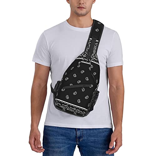 Crossbody Sling Backpack Vintage Black Paisley Bandana Men Women Hiking Chest Shoulder Bag