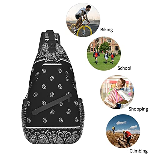 Crossbody Sling Backpack Vintage Black Paisley Bandana Men Women Hiking Chest Shoulder Bag