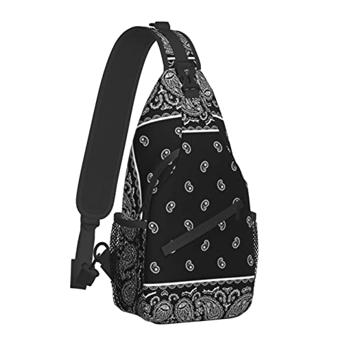 Crossbody Sling Backpack Vintage Black Paisley Bandana Men Women Hiking Chest Shoulder Bag