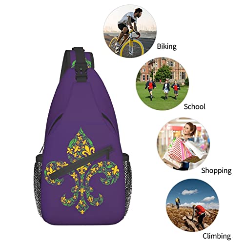 Sling Backpack Purple Fleur Mardi Gras Travel Hiking Daypack Pattern Rope Crossbody Shoulder Bag