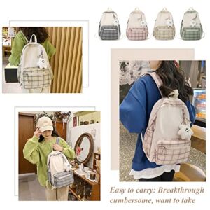 Aesthetic Backpack Sage Green Backpack for Teens Girls, Kawaii Plaid School bags Preppy Backpack for School, Large Capacity Casual Daypack (Sage Green)