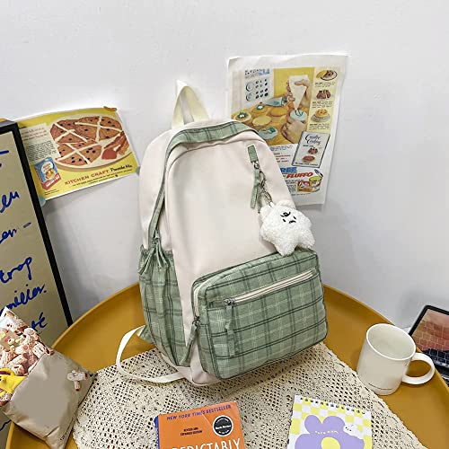 Aesthetic Backpack Sage Green Backpack for Teens Girls, Kawaii Plaid School bags Preppy Backpack for School, Large Capacity Casual Daypack (Sage Green)