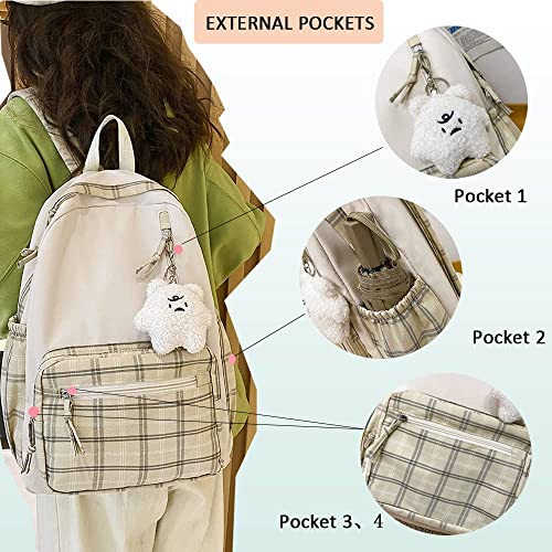 Aesthetic Backpack Sage Green Backpack for Teens Girls, Kawaii Plaid School bags Preppy Backpack for School, Large Capacity Casual Daypack (Sage Green)