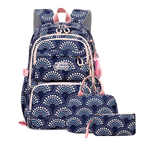 Elementary School Backpack for Girls,Waterproof Student Bookbag with Lunch box and Pencil Case