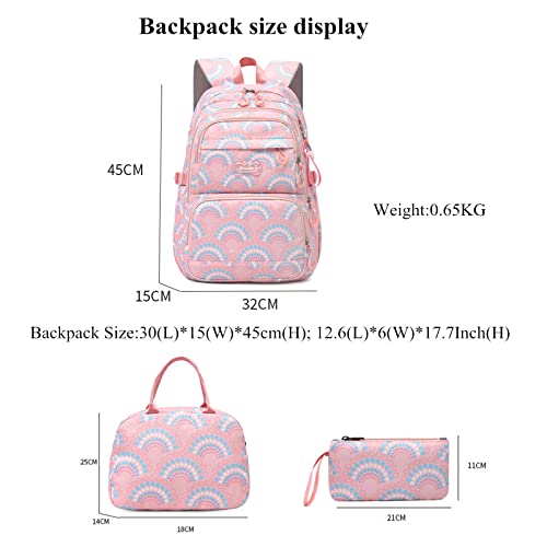 Elementary School Backpack for Girls,Waterproof Student Bookbag with Lunch box and Pencil Case