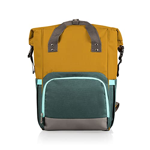 ONIVA - a Picnic Time brand - OTG Roll-Top Cooler Backpack - Hiking Backpack Cooler - Soft Cooler Bag, (Mustard Yellow with Gray & Blue Accents)