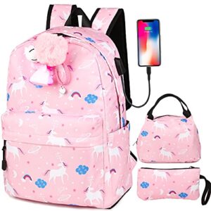 scione cute school backpack for girls, teens school bag with usb charging port water-resistant pink canvas bookbag, preschool daypack elementary backbag, back to shool supplies gifts for kids