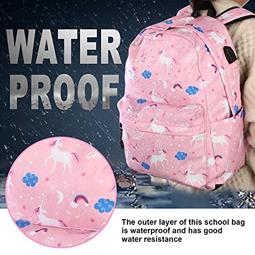 SCIONE Cute School Backpack for Girls, Teens School Bag with USB Charging Port Water-Resistant Pink Canvas Bookbag, Preschool Daypack Elementary BackBag, Back to Shool Supplies Gifts for Kids