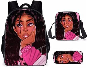 african american girl backpack teens bookbag schoolbag with shoulder bag pencil bag set for girls 3pcs set (african girl13)