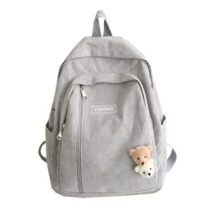 large kawaii corduroy backpack with cute bear pins vintage bag for girl student school bag bookbag satchel laptop (gray,large)