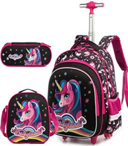 girls boys kids rolling backpack with wheels trolley school bag waterproof travel luggage for kids girls and students lunch bag lightweight and multi functional(black unicorn 16inch)