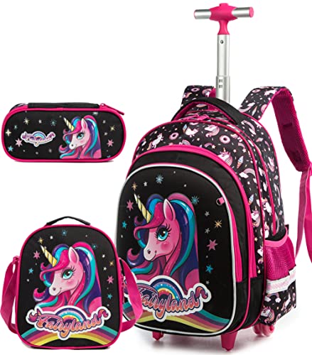 Girls Boys Kids Rolling Backpack with Wheels Trolley School Bag Waterproof Travel Luggage for Kids Girls and Students lunch bag Lightweight and Multi functional(Black Unicorn 16inch)