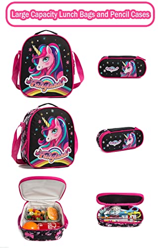 Girls Boys Kids Rolling Backpack with Wheels Trolley School Bag Waterproof Travel Luggage for Kids Girls and Students lunch bag Lightweight and Multi functional(Black Unicorn 16inch)
