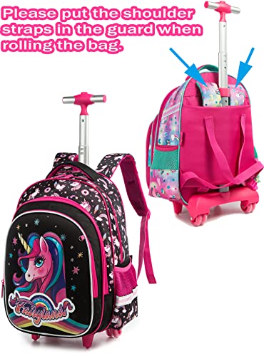 Girls Boys Kids Rolling Backpack with Wheels Trolley School Bag Waterproof Travel Luggage for Kids Girls and Students lunch bag Lightweight and Multi functional(Black Unicorn 16inch)