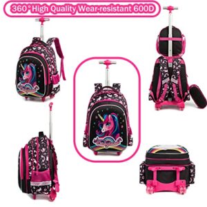 Girls Boys Kids Rolling Backpack with Wheels Trolley School Bag Waterproof Travel Luggage for Kids Girls and Students lunch bag Lightweight and Multi functional(Black Unicorn 16inch)