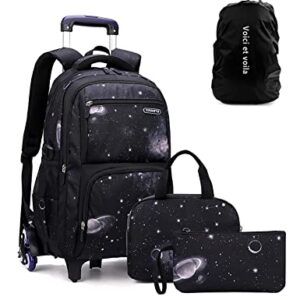 Voici et Voila Backpack with Wheels, Galaxy Trolley Schoolbag Kids Rolling Backpack with Lunch Box and Pencil Case Rolling Trolley Book Bag for Kids Boys