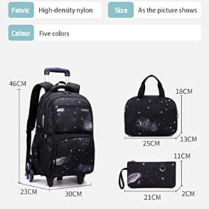 Voici et Voila Backpack with Wheels, Galaxy Trolley Schoolbag Kids Rolling Backpack with Lunch Box and Pencil Case Rolling Trolley Book Bag for Kids Boys