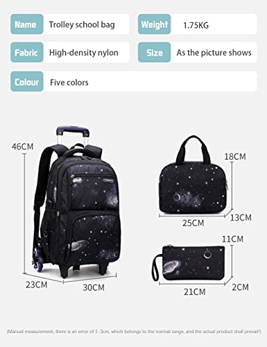 Voici et Voila Backpack with Wheels, Galaxy Trolley Schoolbag Kids Rolling Backpack with Lunch Box and Pencil Case Rolling Trolley Book Bag for Kids Boys