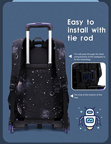 Voici et Voila Backpack with Wheels, Galaxy Trolley Schoolbag Kids Rolling Backpack with Lunch Box and Pencil Case Rolling Trolley Book Bag for Kids Boys