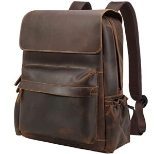 vintage full grain leather 15.6 inch laptop backpack for men casual travel work bag bookbag daypack with ykk zipper brown, large