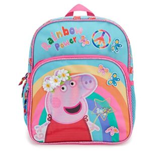 peppa pig glitter floating confetti backpack for girls, pre-school bookbag with front pocket, 12” bookbag w/padded back and adjustable shoulder straps