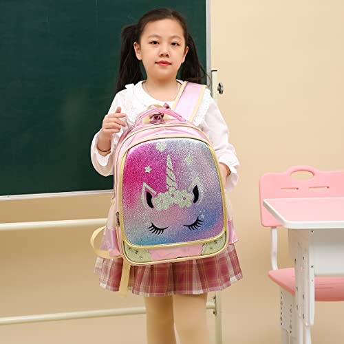 Mloovnemo Girls Elementary Primary School Bag Unicorn Backpack Diamond Glitter Princess School Backpack Large Capacity(Large, Unicorn Pink)