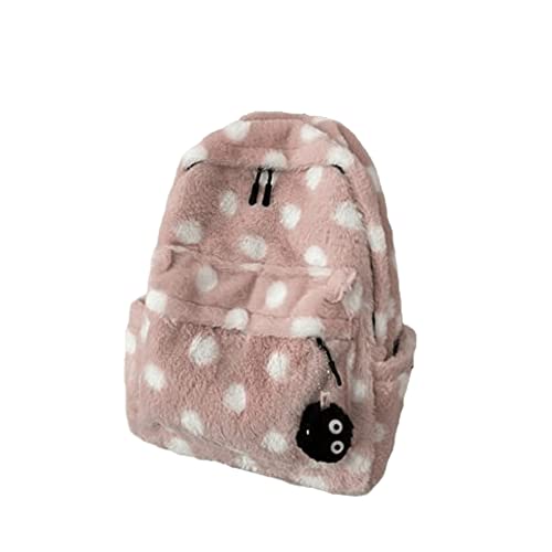 Fuvtory Kawaii Cute Aesthetic Fuzzy Fluffy Plush Sherpa Fleece Dot Backpack Rucksack Daypack School Teen Girls Children Women (pink)